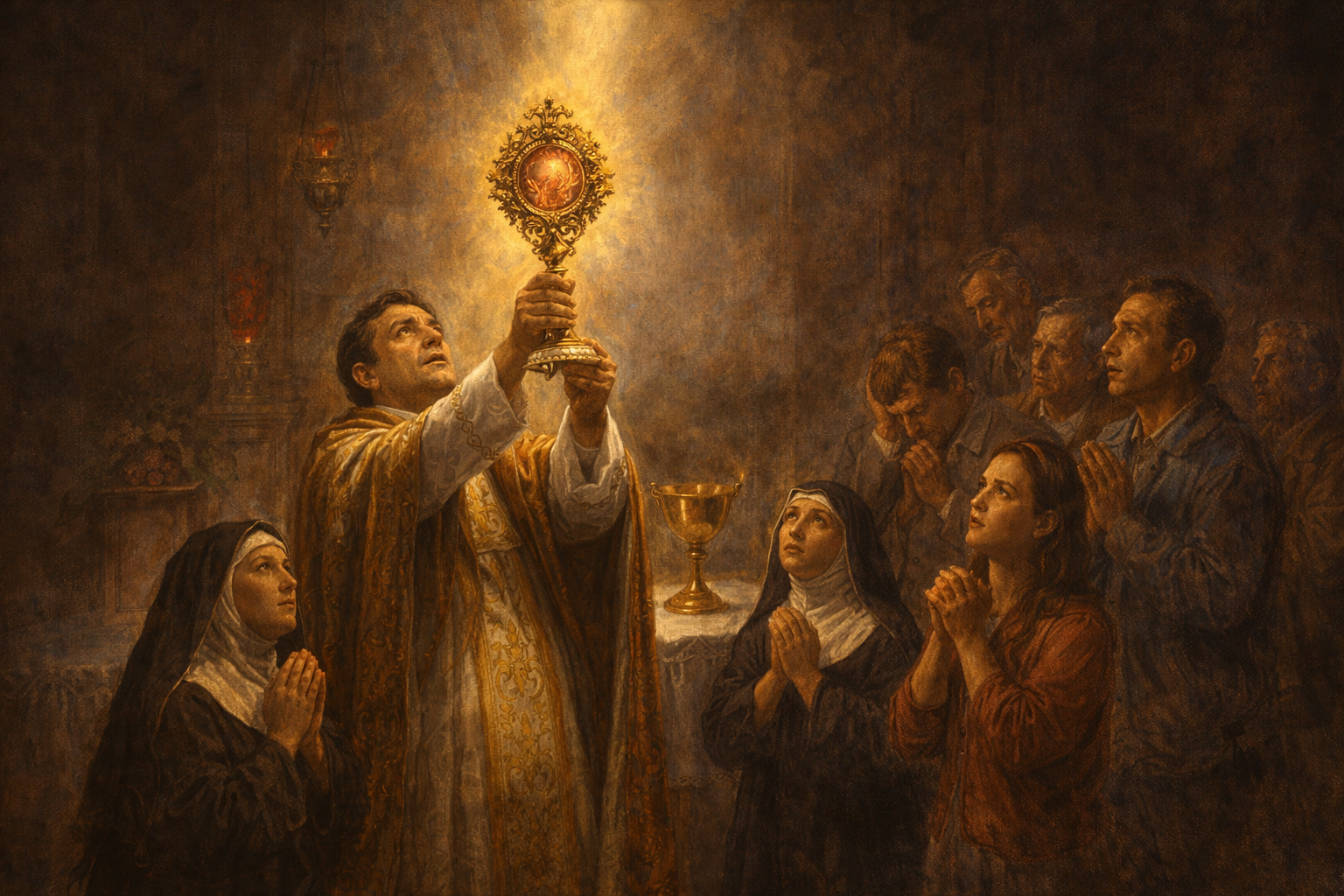 Renaissance depiction of Eucharistic miracle - golden chalice with divine light